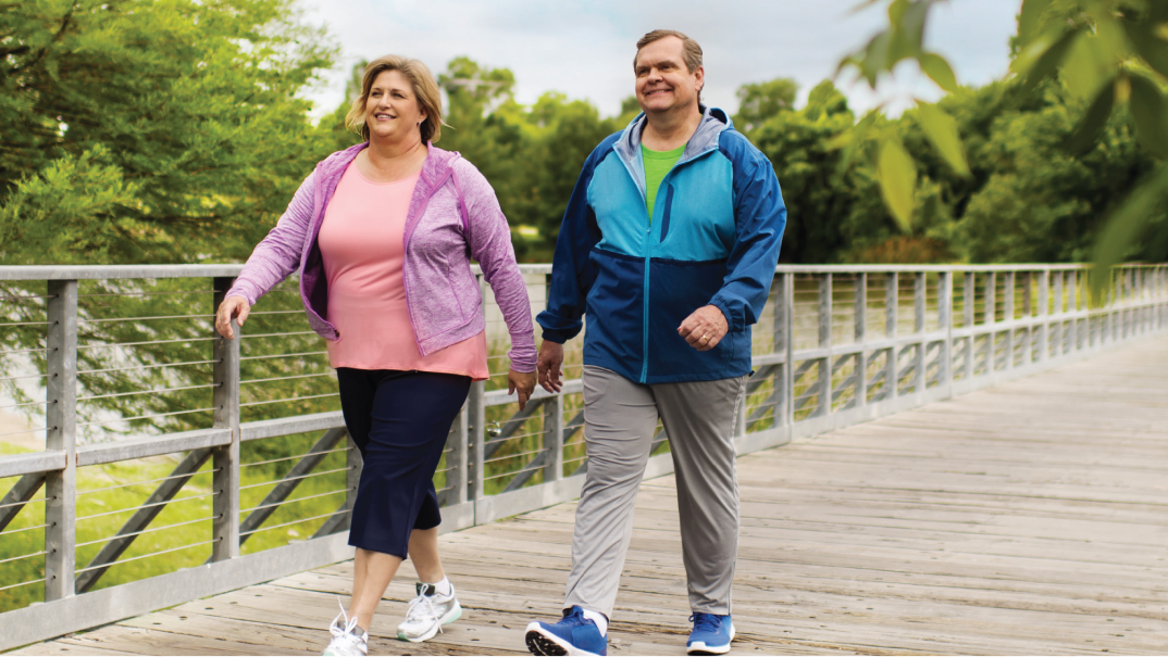 Woman and man walking